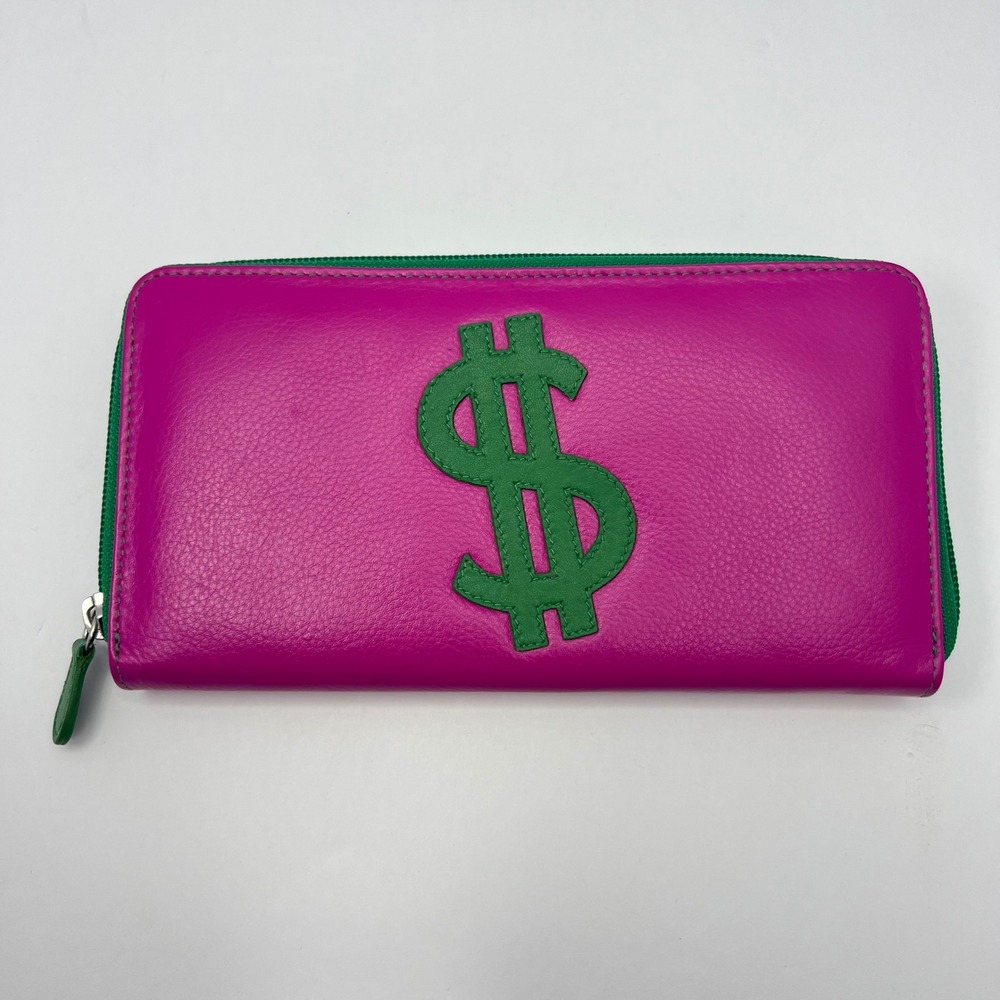 Fuchsia Pink Leather Zip Around Wallet Dollar Sign Money Aesthetic Y2K Barbie